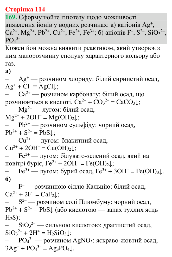 Відповідь до завдання 169 (с. 114) з хімії для 9 класу (Григорович, 2026): Виявлення йонів у водних розчинах