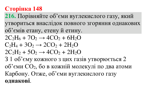 №216 Відповідь до завдання 216 (с. 148) з хімії для 9 класу (Григорович, 2026): Ненасичені вуглеводні