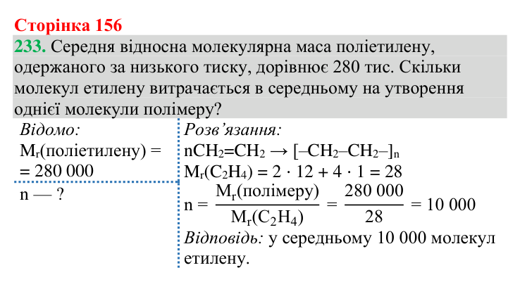 Відповідь до завдання 233 (с. 156) з хімії для 9 класу (Григорович, 2026): Поліетилен