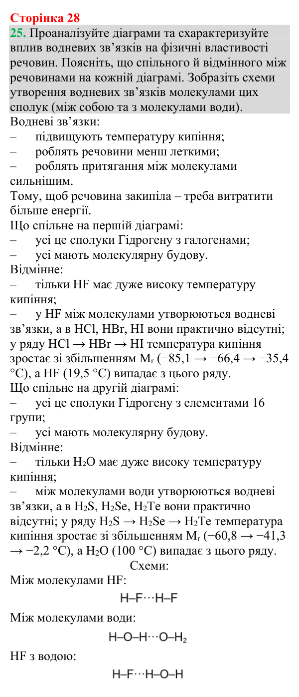 №25 Відповідь до завдання 25 (с. 28) з хімії для 9 класу (Григорович, 2026): Водневий зв’язок