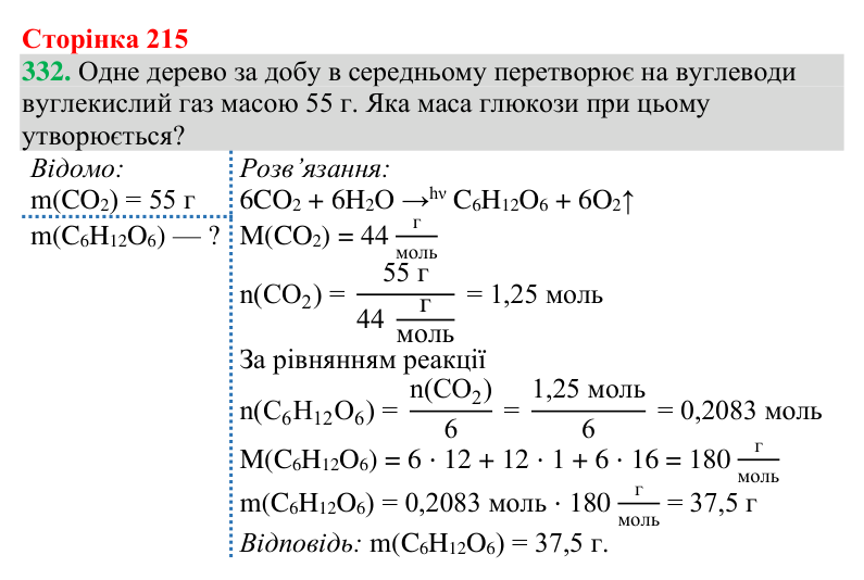 Відповідь до завдання 332 (с. 215) з хімії для 9 класу (Григорович, 2026): Вуглеводи