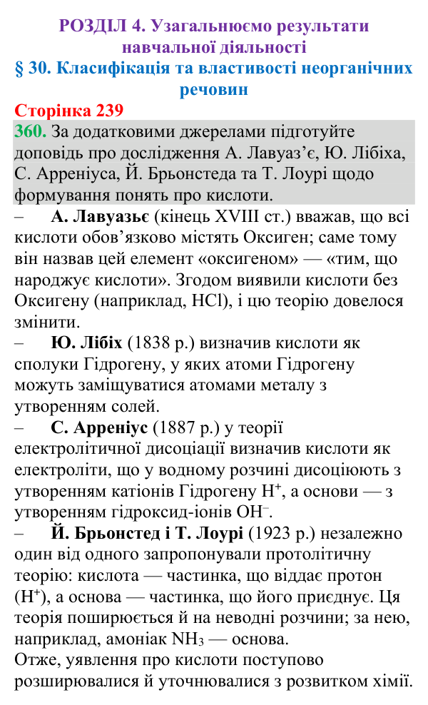 Відповідь до завдання 360 (с. 239) з хімії для 9 класу (Григорович, 2026): Класифікація та властивості неорганічних речовин