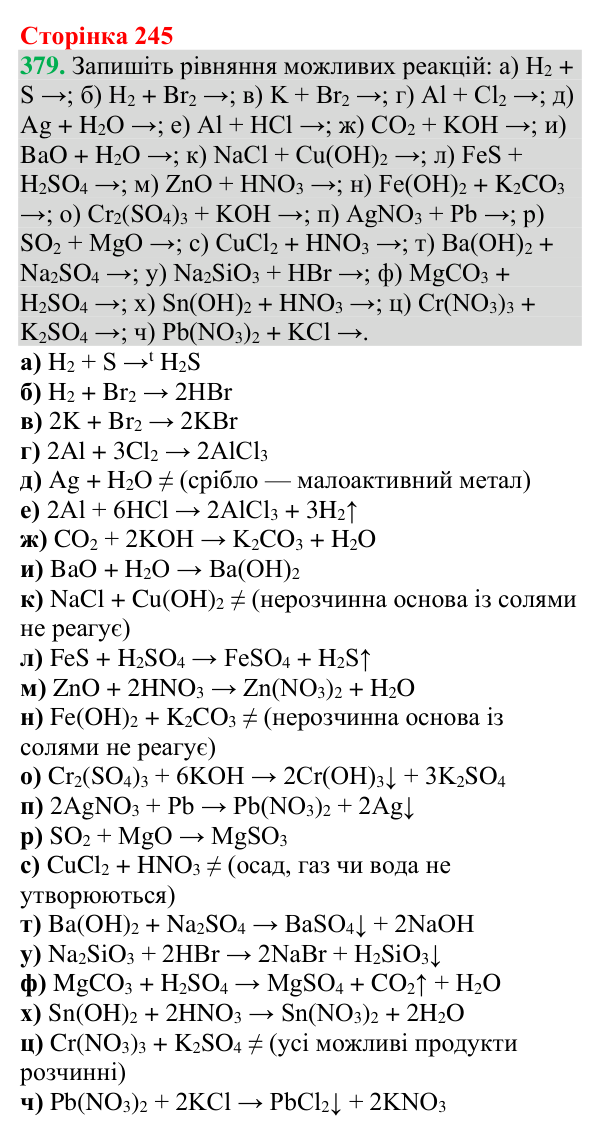 Відповідь до завдання 379 (с. 245) з хімії для 9 класу (Григорович, 2026): Способи одержання оксидів, кислот, основ і солей