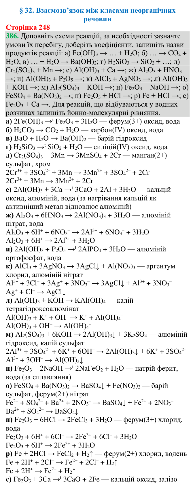 Відповідь до завдання 386 (с. 248) з хімії для 9 класу (Григорович, 2026): Взаємозв’язок між класами неорганічних речовин