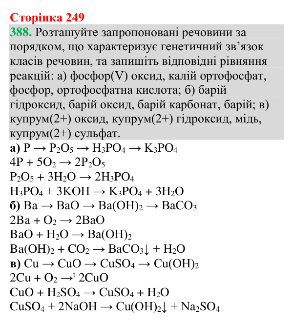 №388 Відповідь до завдання 388 (с. 249) з хімії для 9 класу (Григорович, 2026): Взаємозв’язок між класами неорганічних речовин