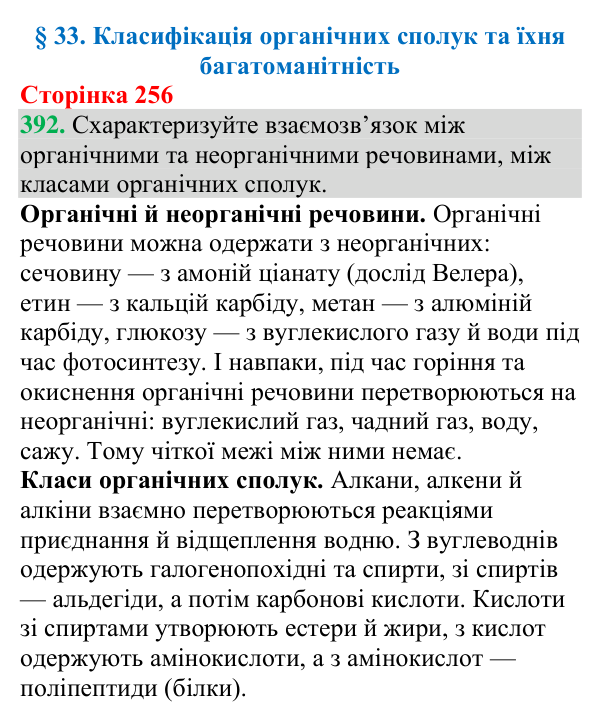 Відповідь до завдання 392 (с. 256) з хімії для 9 класу (Григорович, 2026): Класифікація органічних сполук та їхня...