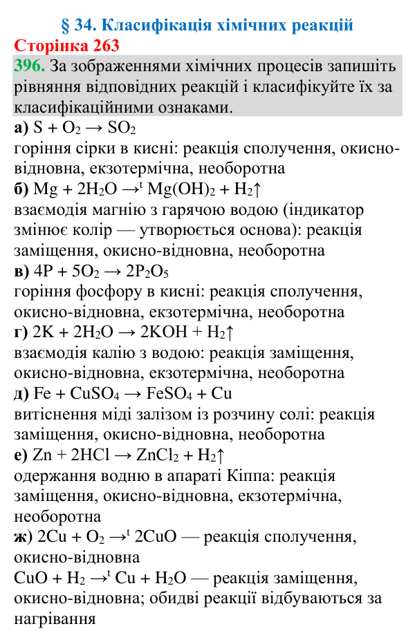 Відповідь до завдання 396 (с. 263) з хімії для 9 класу (Григорович, 2026): Класифікація хімічних реакцій