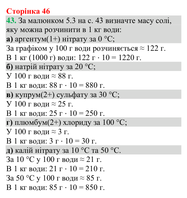 №43 Відповідь до завдання 43 (с. 46) з хімії для 9 класу (Григорович, 2026): Розчинність речовин (характеристики розчинів)