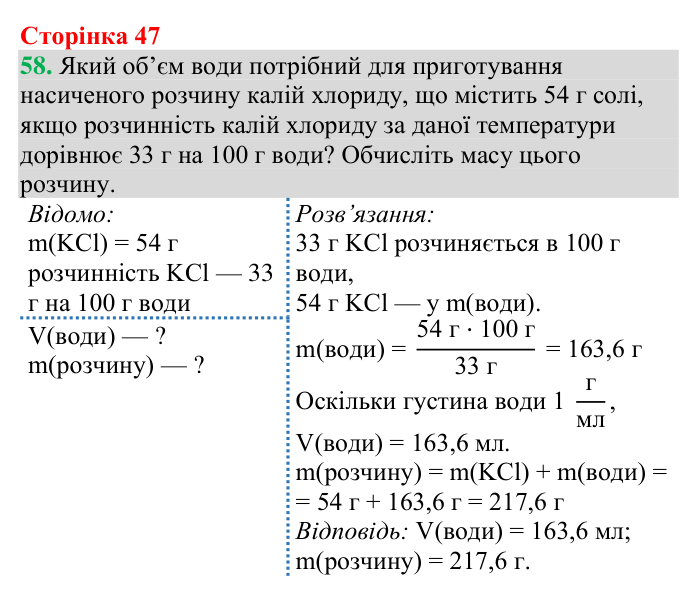 Відповідь до завдання 58 (с. 47) з хімії для 9 класу (Григорович, 2026): Розчинність речовин (характеристики розчинів)