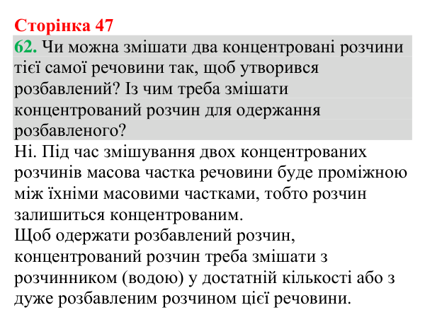 №62 Відповідь до завдання 62 (с. 47) з хімії для 9 класу (Григорович, 2026): Розчинність речовин (характеристики розчинів)