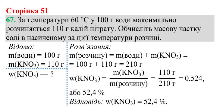 Відповідь до завдання 67 (с. 51) з хімії для 9 класу (Григорович, 2026): Масова частка розчиненої речовини
