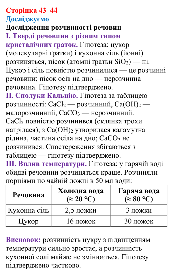 Сторінка 43–44, досліджуємо Відповідь до рубрики «Досліджуємо» (с. 43–44) з хімії для 9 класу (Мідак, 2026): Розчинність речовин
