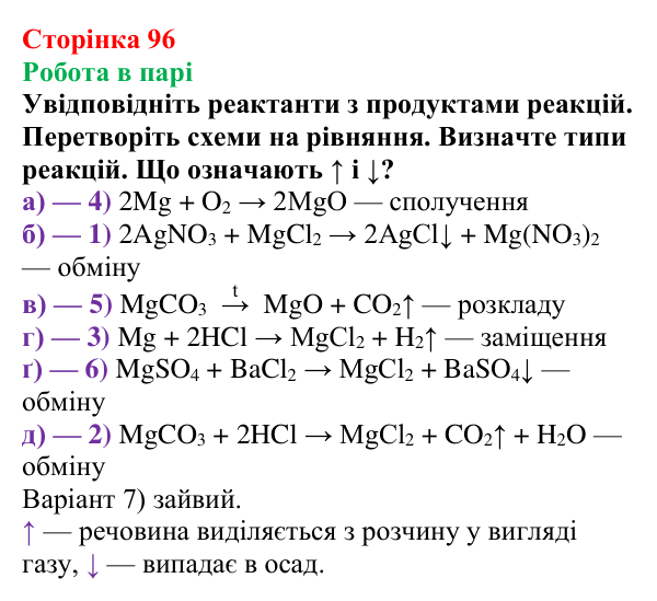 Сторінка 96, робота в парі Відповідь до завдання «Робота в парі» (с. 96) з хімії для 9 класу (Мідак, 2026): Йонні реакції в розчинах