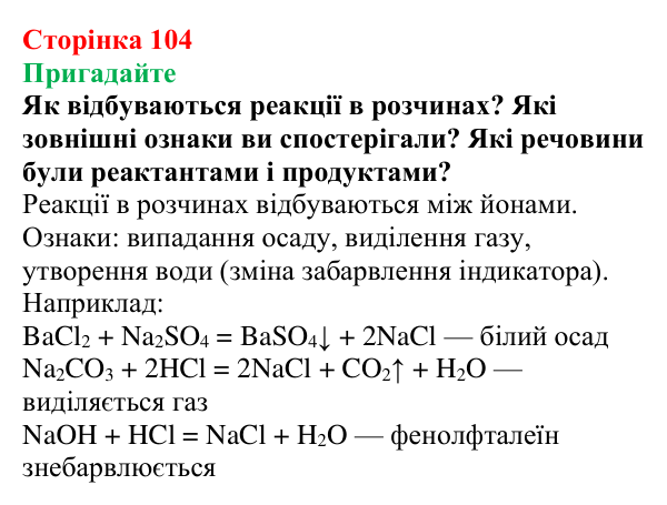 Відповідь до завдання «Пригадайте» (с. 104) з хімії для 9 класу (Мідак, 2026): Виявлення йонів у розчинах