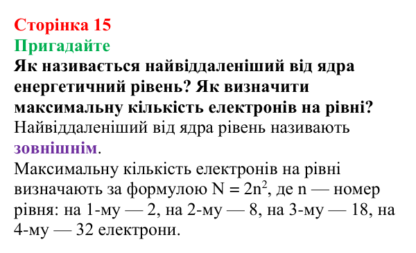 Сторінка 15, пригадайте (3) Відповідь до завдання «Пригадайте» (с. 15) з хімії для 9 класу (Мідак, 2026): Будова атома. Хімічний зв’язок