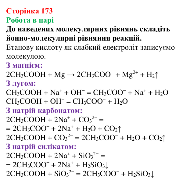 Сторінка 173, робота в парі Відповідь до завдання «Робота в парі» (с. 173) з хімії для 9 класу (Мідак, 2026): Органічні кислоти в повсякденні: етанова...