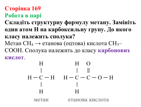 Сторінка 169, робота в парі Відповідь до завдання «Робота в парі» (с. 169) з хімії для 9 класу (Мідак, 2026): Органічні кислоти в повсякденні: етанова...