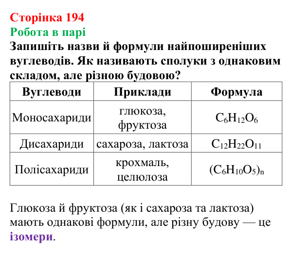 Відповідь до завдання «Робота в парі» (с. 194) з хімії для 9 класу (Мідак, 2026): Вуглеводи: моносахариди