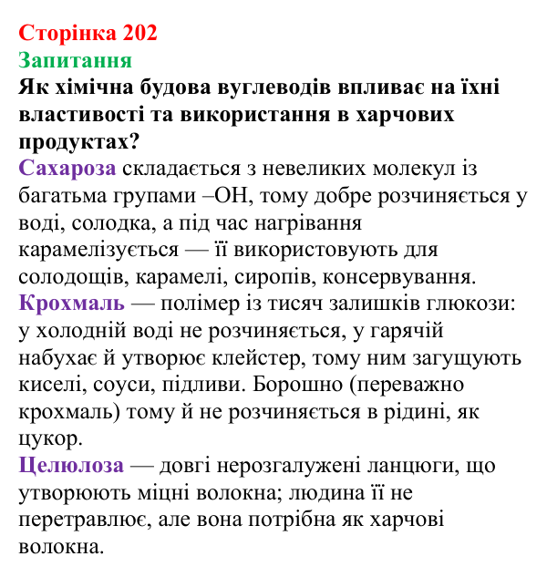Відповідь до завдання «Запитання» (с. 202) з хімії для 9 класу (Мідак, 2026): Вуглеводи: дисахариди, полісахариди