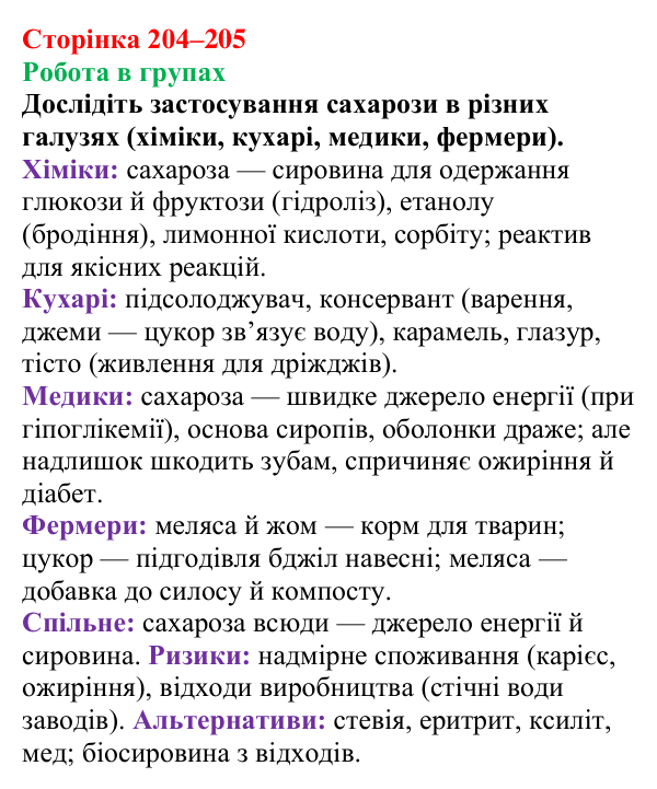 Сторінка 204–205, робота в групах Відповідь до завдання «Робота в групах» (с. 204–205) з хімії для 9 класу (Мідак, 2026): Вуглеводи: дисахариди, полісахариди