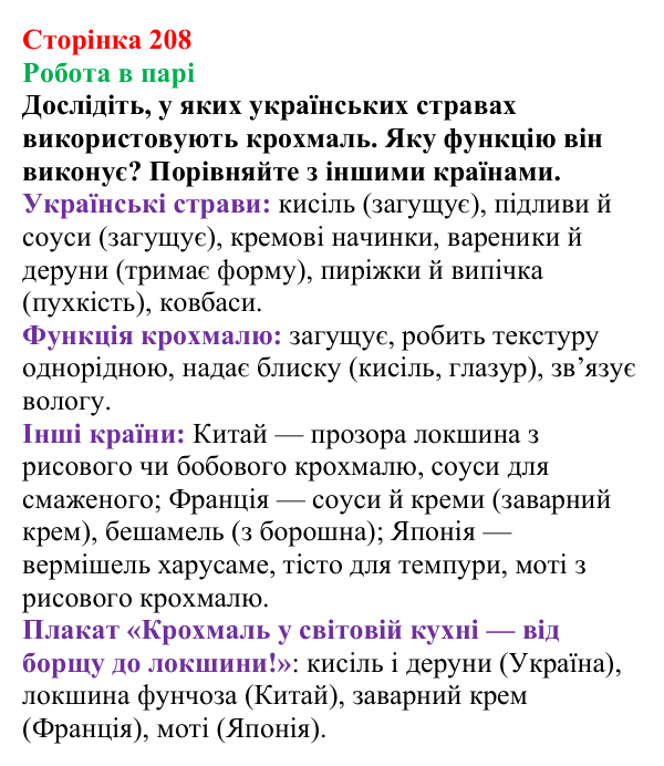 Відповідь до завдання «Робота в парі» (с. 208) з хімії для 9 класу (Мідак, 2026): Вуглеводи: дисахариди, полісахариди
