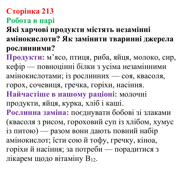 Відповідь до завдання «Робота в парі» (с. 213) з хімії для 9 класу (Мідак, 2026): Амінокислоти та білки