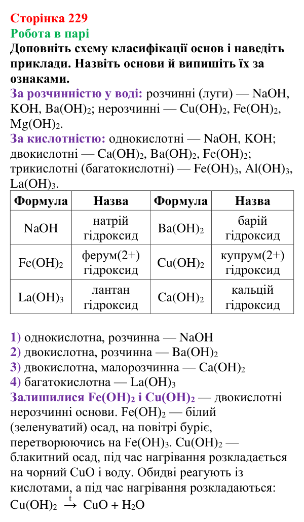 Сторінка 229, робота в парі Відповідь до завдання «Робота в парі» (с. 229) з хімії для 9 класу (Мідак, 2026): Основні класи неорганічних сполук...