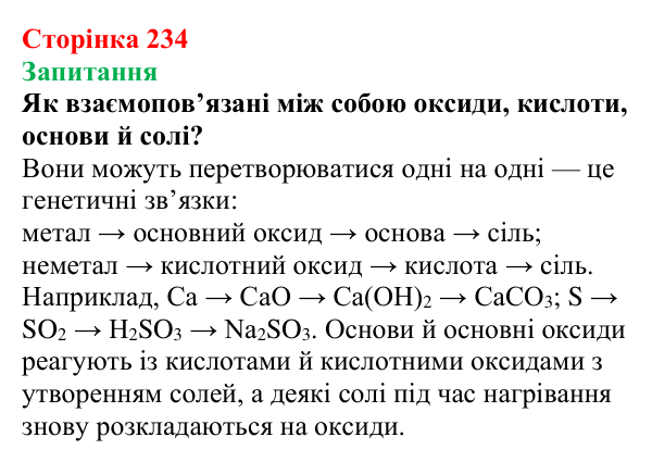 Відповідь до завдання «Запитання» (с. 234) з хімії для 9 класу (Мідак, 2026): Взаємозв’язки між класами неорганічних сполук