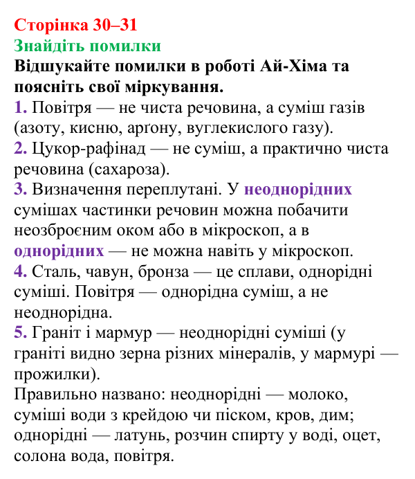 Відповідь до завдання «Знайдіть помилки» (с. 30–31) з хімії для 9 класу (Мідак, 2026): Поняття про істинні розчини як суміші