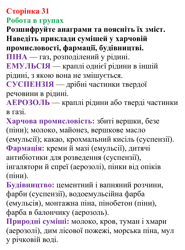 Сторінка 31, робота в групах Відповідь до завдання «Робота в групах» (с. 31) з хімії для 9 класу (Мідак, 2026): Поняття про істинні розчини як суміші