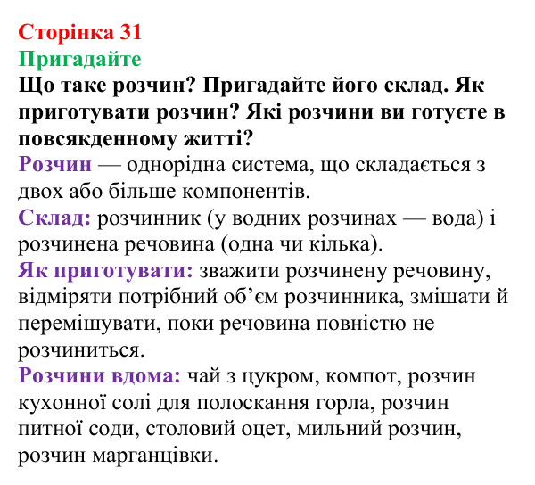 Відповідь до завдання «Пригадайте» (с. 31) з хімії для 9 класу (Мідак, 2026): Поняття про істинні розчини як суміші