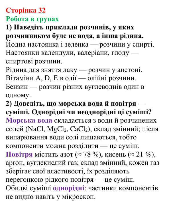 Відповідь до завдання «Робота в групах» (с. 32) з хімії для 9 класу (Мідак, 2026): Поняття про істинні розчини як суміші