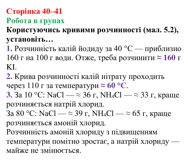 Відповідь до завдання «Робота в групах» (с. 40–41) з хімії для 9 класу (Мідак, 2026): Розчинність речовин