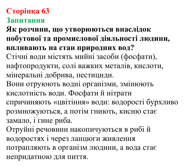 Відповідь до завдання «Запитання» (с. 63) з хімії для 9 класу (Мідак, 2026): Розчини в природі. Захист водних ресурсів від...