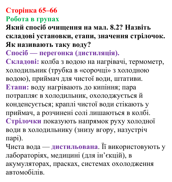 Сторінка 65–66, робота в групах Відповідь до завдання «Робота в групах» (с. 65–66) з хімії для 9 класу (Мідак, 2026): Розчини в природі. Захист водних...