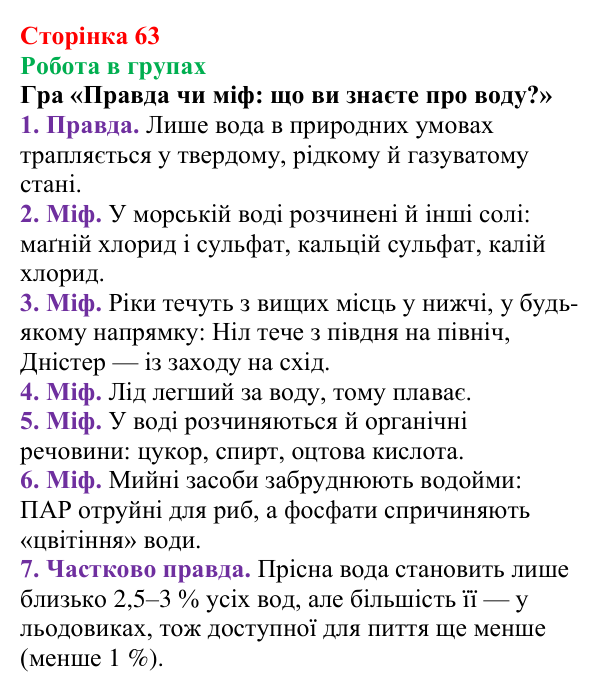 Відповідь до завдання «Робота в групах» (с. 63) з хімії для 9 класу (Мідак, 2026): Розчини в природі. Захист водних...