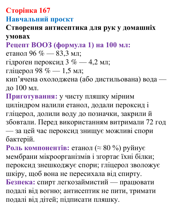 Сторінка 167, проєкт Відповідь до навчального проєкту (с. 167) з хімії для 9 класу (Мідак, 2026): Гліцерол. Фізичні та хімічні властивості...