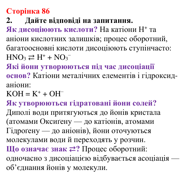 Відповідь до завдання 2 (с. 86) з хімії для 9 класу (Мідак, 2026): Кислоти, основи, солі з позиції електролітичної дисоціації