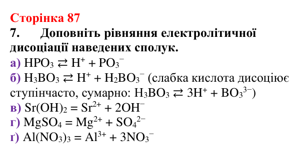 Відповідь до завдання 7 (с. 87) з хімії для 9 класу (Мідак, 2026): Кислоти, основи, солі з позиції електролітичної дисоціації