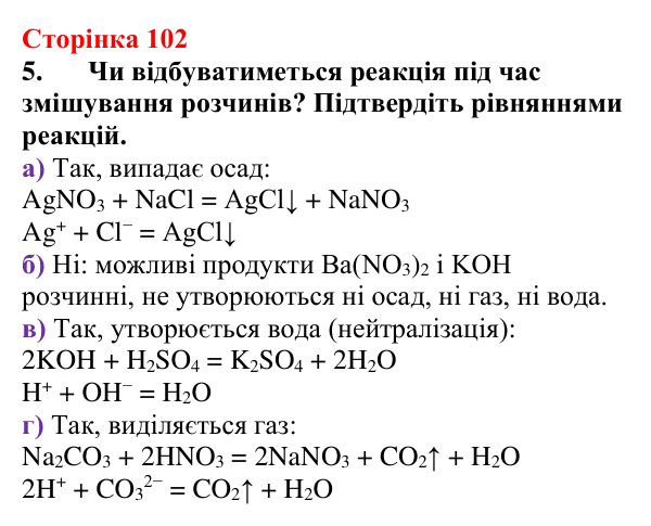 Відповідь до завдання 5 (с. 102) з хімії для 9 класу (Мідак, 2026): Йонні реакції в розчинах