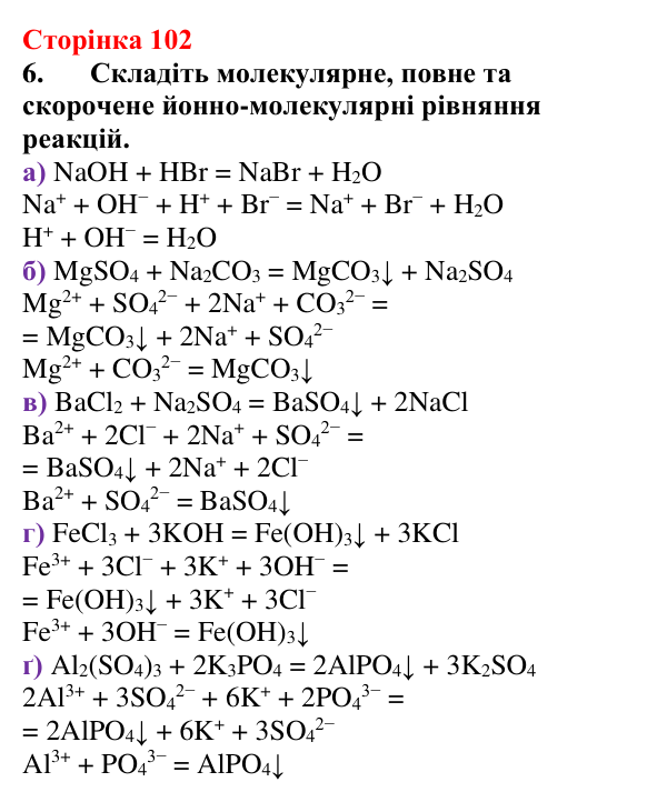 Сторінка 102, завдання 6 Відповідь до завдання 6 (с. 102) з хімії для 9 класу (Мідак, 2026): Йонні реакції в розчинах