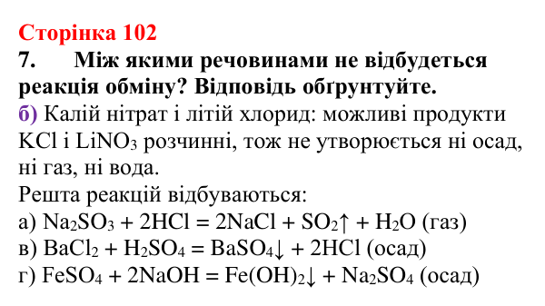 Відповідь до завдання 7 (с. 102) з хімії для 9 класу (Мідак, 2026): Йонні реакції в розчинах