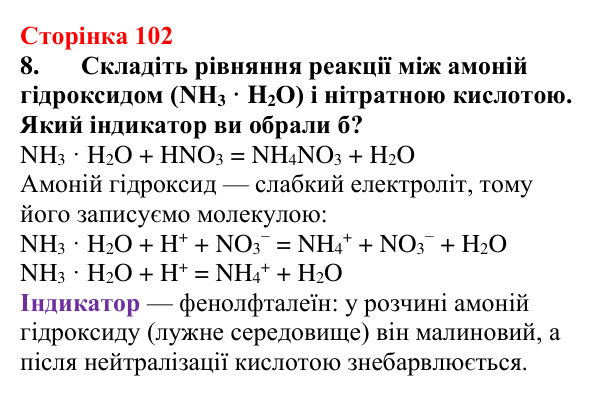 Сторінка 102, завдання 8 Відповідь до завдання 8 (с. 102) з хімії для 9 класу (Мідак, 2026): Йонні реакції в розчинах