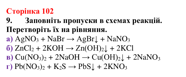 Відповідь до завдання 9 (с. 102) з хімії для 9 класу (Мідак, 2026): Йонні реакції в розчинах