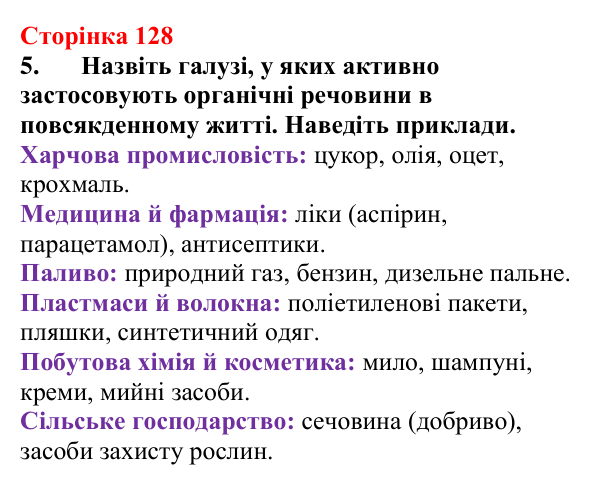 Сторінка 128, завдання 5 Відповідь до завдання 5 (с. 128) з хімії для 9 класу (Мідак, 2026): Поняття про органічні сполуки