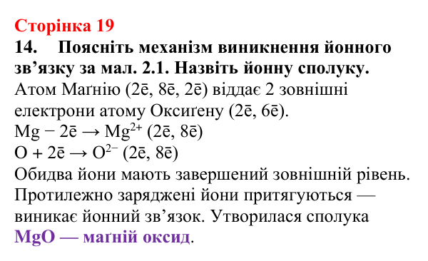 Сторінка 19, завдання 14 Відповідь до завдання 14 (с. 19) з хімії для 9 класу (Мідак, 2026): Будова атома. Хімічний зв’язок
