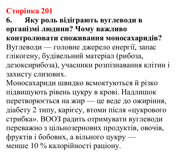 Відповідь до завдання 6 (с. 201) з хімії для 9 класу (Мідак, 2026): Вуглеводи: моносахариди