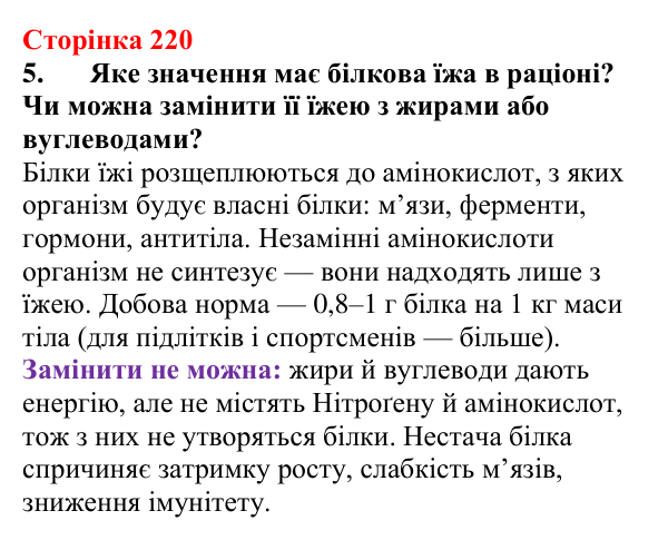 Відповідь до завдання 5 (с. 220) з хімії для 9 класу (Мідак, 2026): Амінокислоти та білки