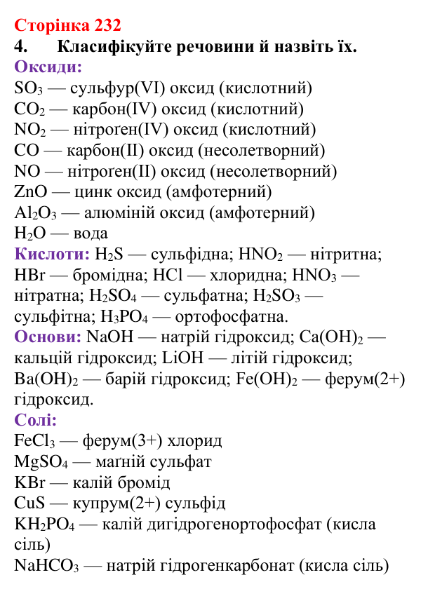 Відповідь до завдання 4 (с. 232) з хімії для 9 класу (Мідак, 2026): Основні класи неорганічних сполук (класифікація)