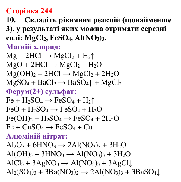 Відповідь до завдання 10 (с. 244) з хімії для 9 класу (Мідак, 2026): Взаємозв’язки між класами неорганічних сполук